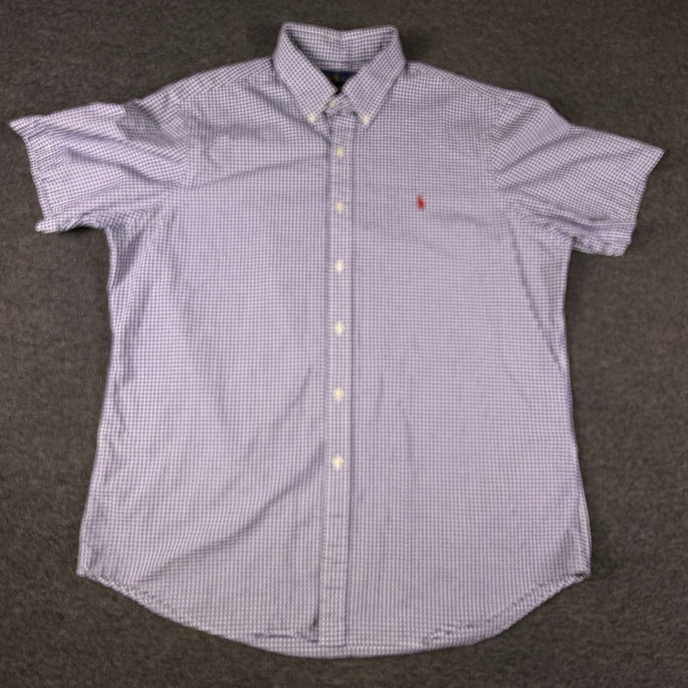 Ralph Lauren Shirt Mens XL Gingham Blue White Short Sleeve Button Down EUC